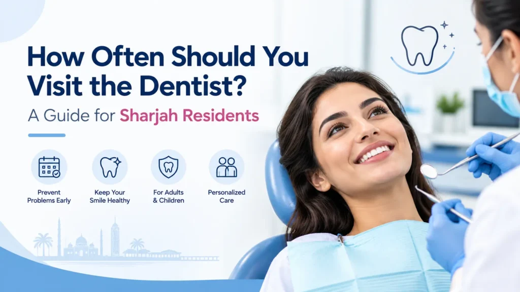 Dental check-up in Sharjah with a dentist examining a smiling woman in a dental clinic