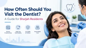 Dental check-up in Sharjah with a dentist examining a smiling woman in a dental clinic