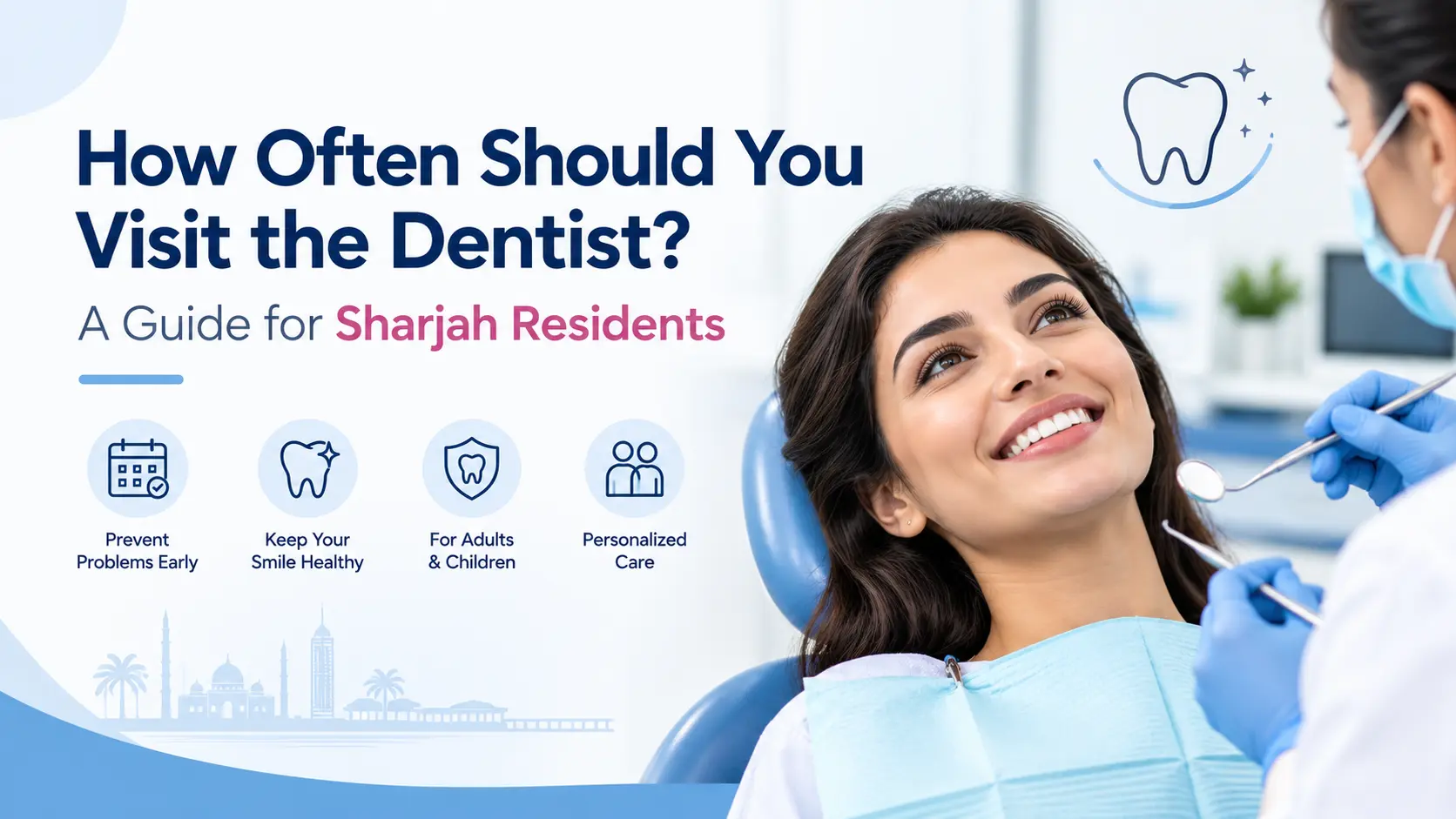 Dental check-up in Sharjah with a dentist examining a smiling woman in a dental clinic